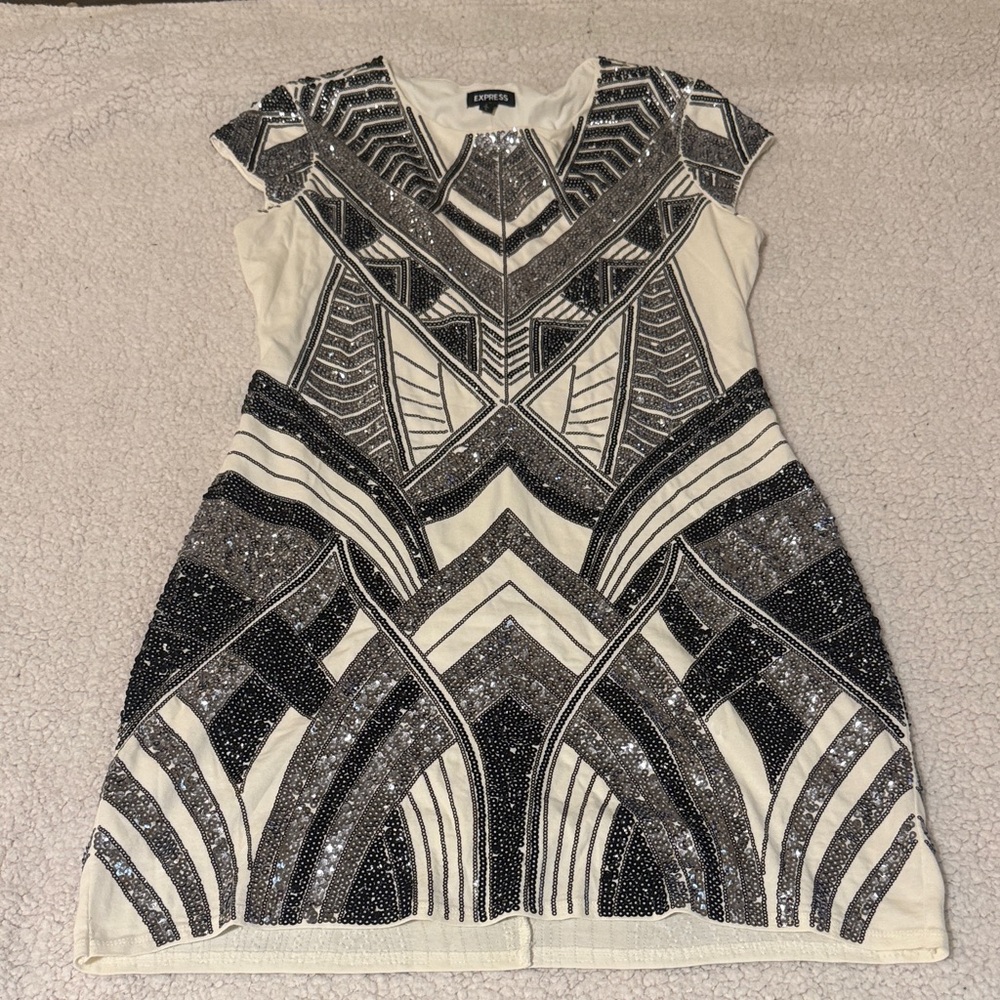 Express Cream Dress with Black Beaded Geometric Detail